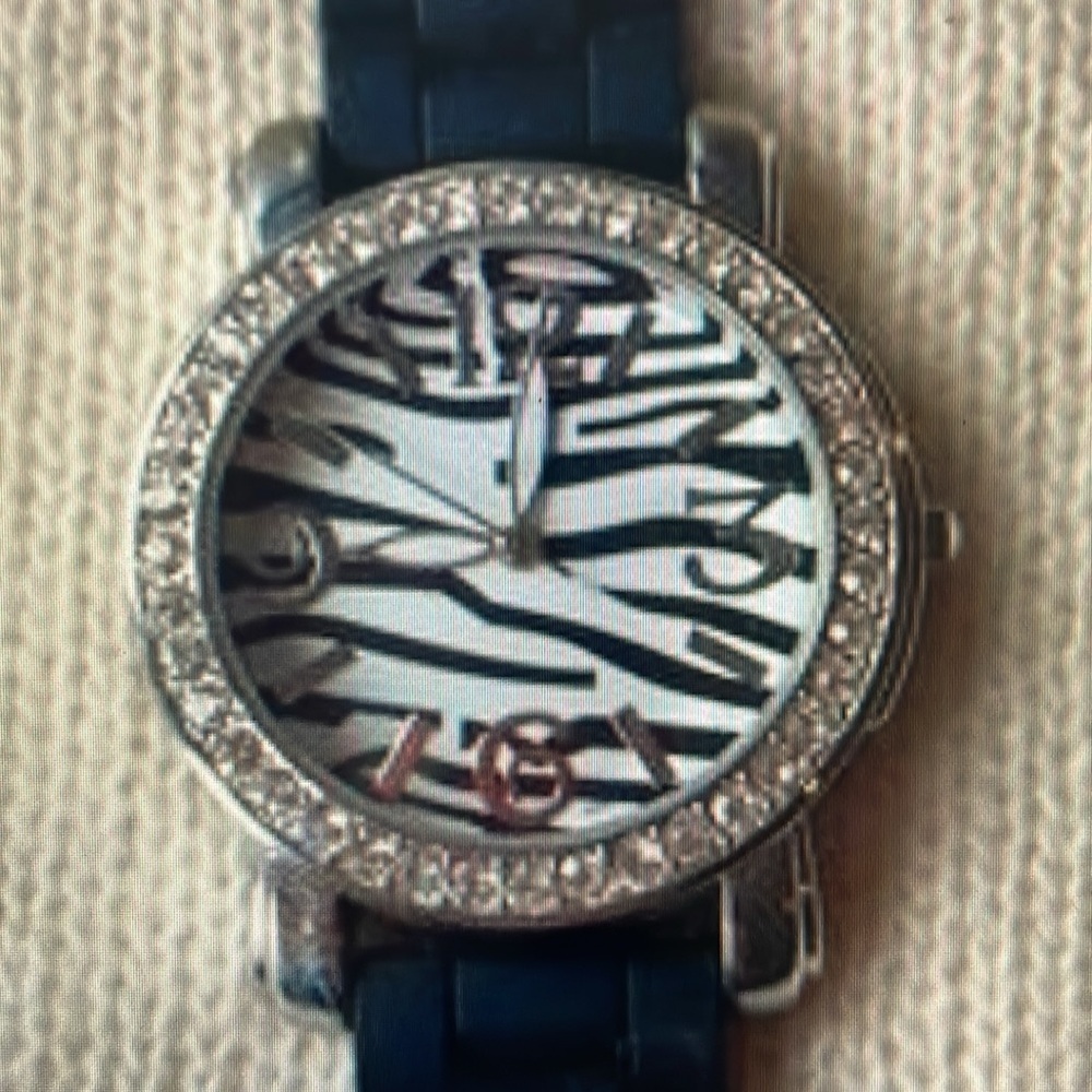 Silver Tone Crystal Bezel Zebra Print Rubber Band Watch - Picture 2 of 4